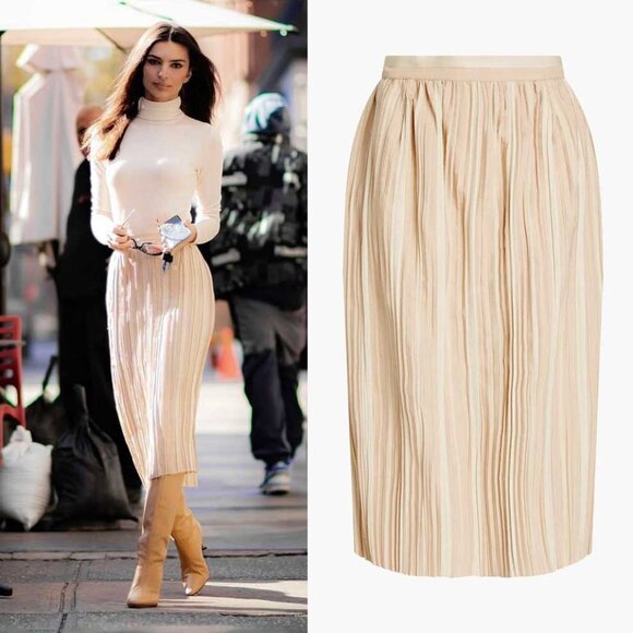 KHAITE Sylvia Pleated Jacquard Midi Skirt Beige Tan Size 0 NEW NWT